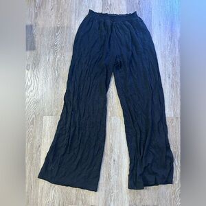 Black Linen Knit Wide-Leg Pants with Smocked Waistband